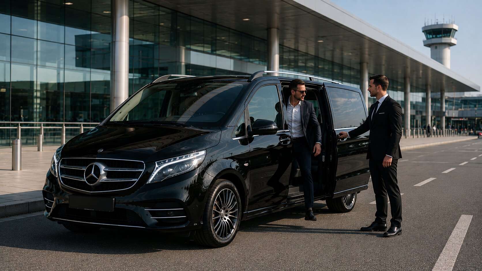 Řidič s vozem V-Class před odbavovacím terminálem letiště